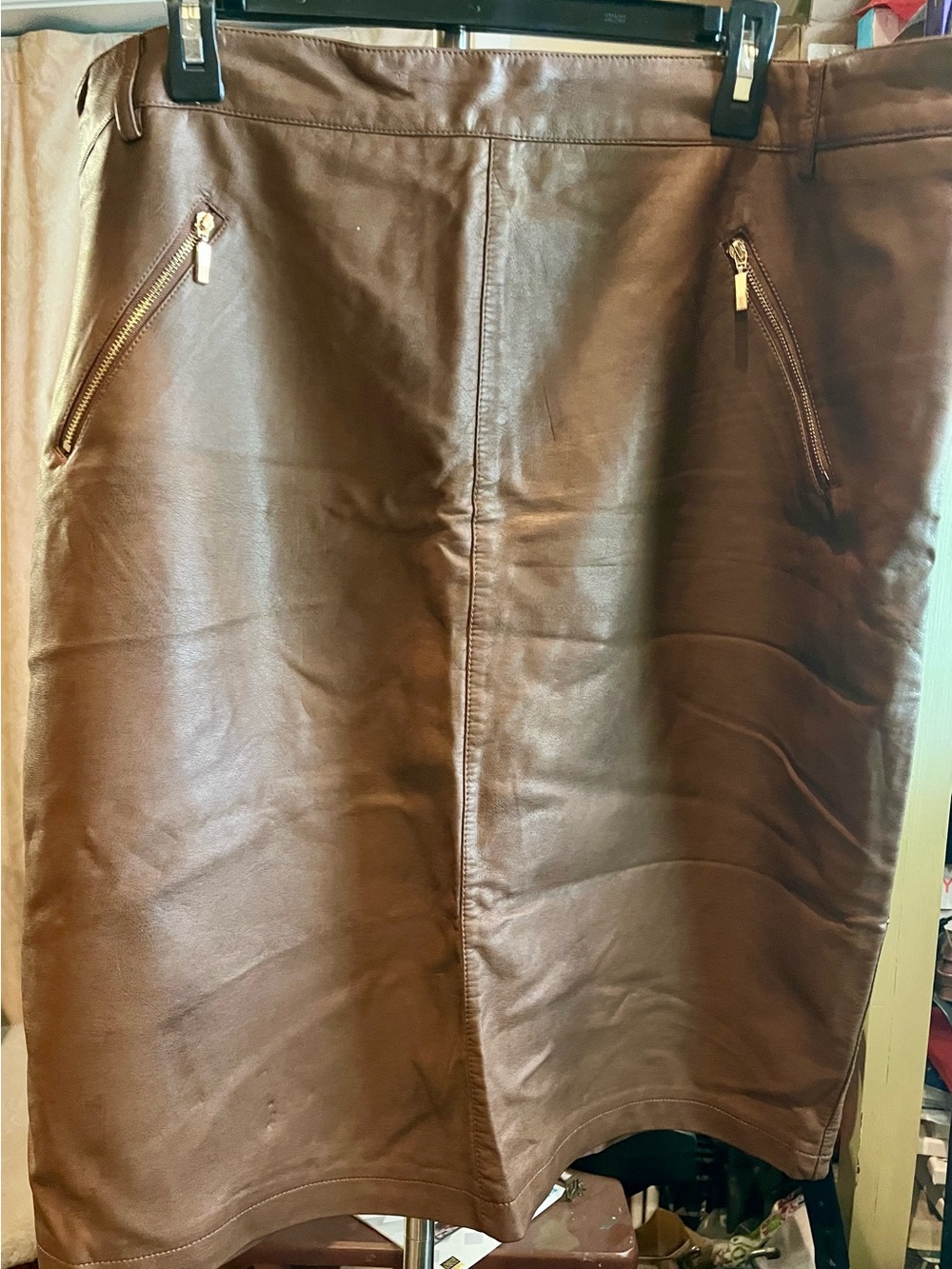 Charter Club Brown Faux Leather Skirt with Gold Zipper Pull